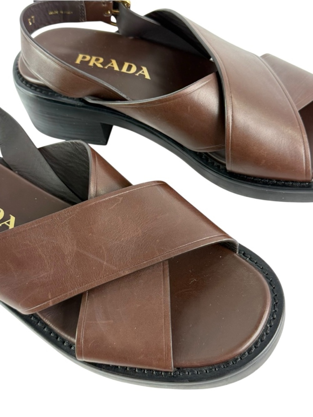 PRADA Brown Sandali Block Crisscross Slingback Sandals 37 - 7 US Made in Italy - Picture 7 of 12